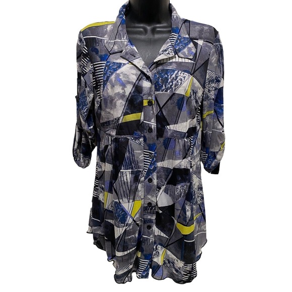 Style & Co. Tops - Style & Co Black/Gray/Yellow Geo Print Button Up 3/4 Sleeve Tab Blouse Size‎ S